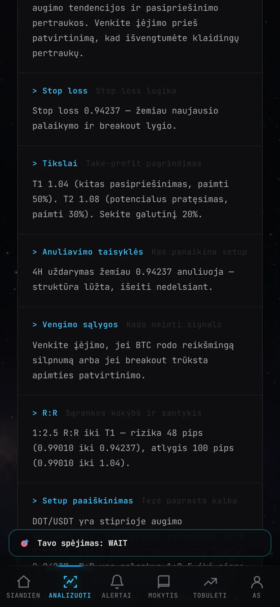 Skenerio planas: stop loss, tikslai, anuliavimo taisyklės ir R:R
