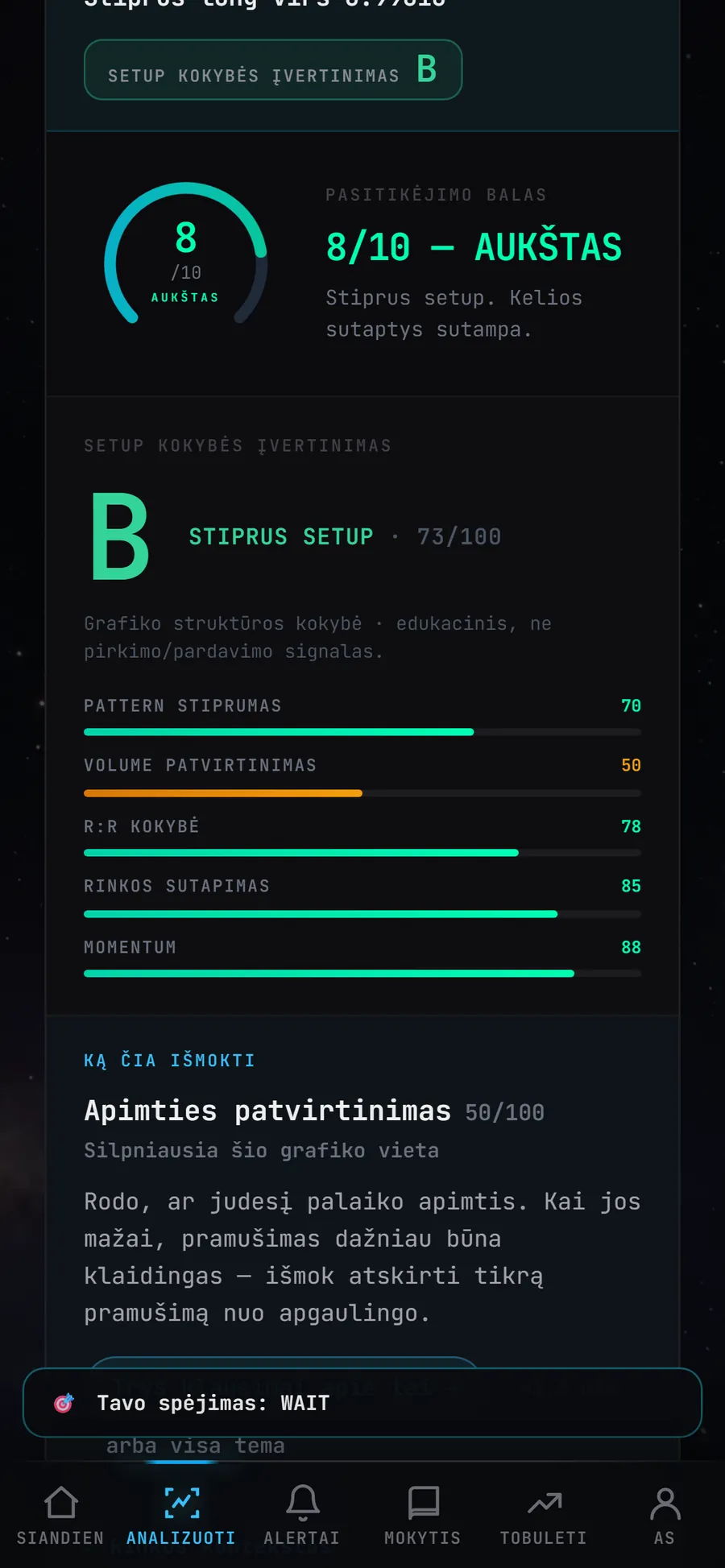 Skenerio verdiktas: pasitikėjimo balas 8/10, setup'o klasė B, faktorių įvertinimai